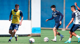Carballo e Villasanti disputam posição no meio-campo do Grêmio. (Fotos: Lucas Uebel / Grêmio FBPA)